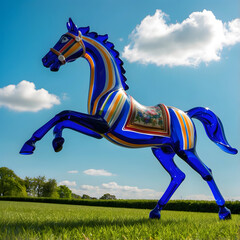 Murano glass horse about to leap on a bright, sunny day. 