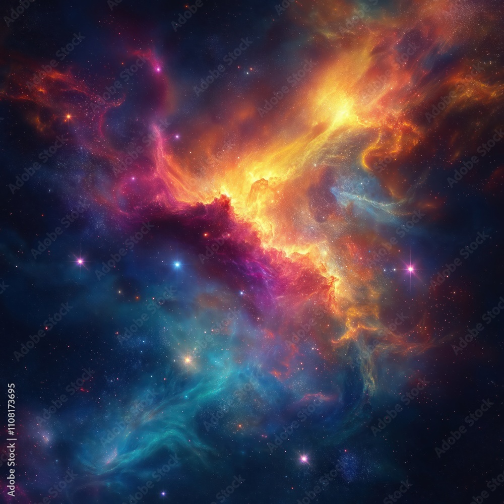 Poster colorful nebula and stardust fill infinite universe. shining stars create galaxy backdrop. vivid cos