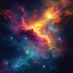 Obraz premium Colorful nebula and stardust fill infinite universe. Shining stars create galaxy backdrop. Vivid cosmic colors in space. Beautiful outer space scene. Stunning cosmos illustration.