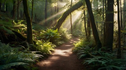 Obraz premium Sunlit Forest Path with Lush Greenery