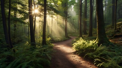 Fototapeta premium Tranquil Forest Path with Sunbeams