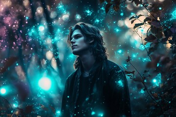 A young man with long hair, standing confidently in a magical forest, glowing teal orbs floating around him, surrounded by trees with purple leaves, soft ethereal light 4