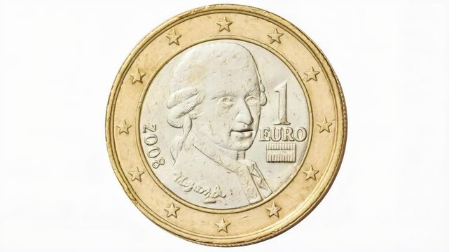 Austrian coin of one euro closeup with talking head of Wolfgang Amadeus Mozart, the famous Austrian composer from Austria. Isolated on white studio background. REAL PHOTO ANIMATED BY AI