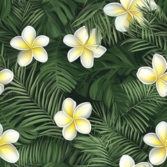 Obraz premium Tropical floral pattern featuring white and yellow plumeria flowers among lush green ferns