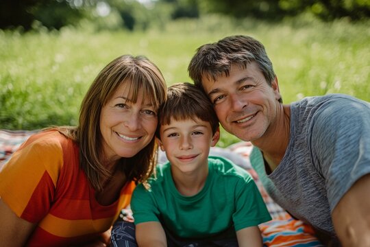 A white boy, 12 years old, short brown hair, sitting on a picnic blanket between his mom with shoulder-length straight brown hair and dad, green meadow, sunny day, wide angle 1