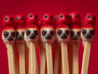 Surreal depiction of matchsticks with animalistic features in vivid red hues.