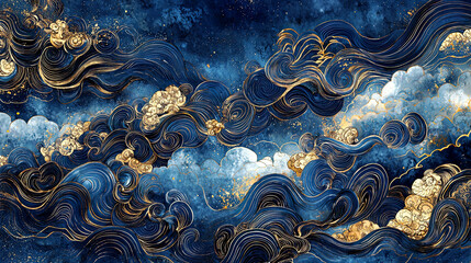 Flowing, intricate cloud patterns in deep blue, with delicate golden accents