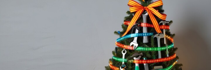 Christmas tree made from steel tools. Happy new year and merry christmas holiday. Copy space. Ideal for hardware stores or workshops. Website banner
