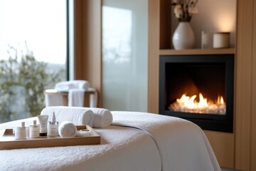 Fototapeta premium A cozy spa treatment room featuring a plush treatment bed and neatly arranged skincare products, perfectly complemented by a warm fireplace enhancing relaxation.
