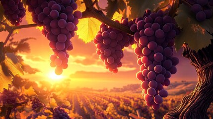 Fototapeta premium Close up of ripe purple grapes hanging on the vine in a vineyard at sunset, ready for harvest. The warm light of the setting sun illuminates the grapes, creating a beautiful and inviting scene.