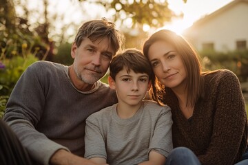 Fototapeta premium A white boy, 12 years old, with short brown hair, standing between his mom with shoulder-length straight brown hair and dad, forest background, afternoon light, warm tones 5