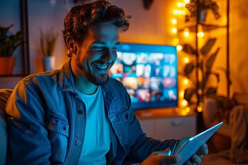 Obraz premium Watching Streaming Videos on Television from Tablet