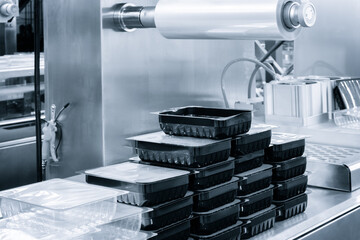 Automatic polyethylene plastic bag production machine with lighting effect. Close-up of the roller...