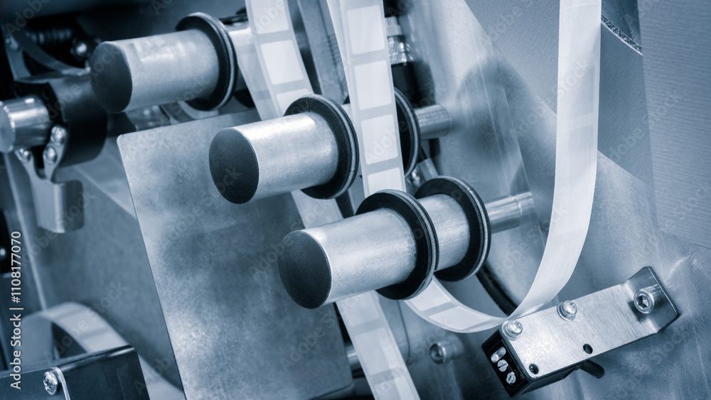 Poster fragment of the conveyor of sticking labeling machine. abstract industrial background.