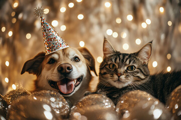 A dog and a cat celebrating the new year