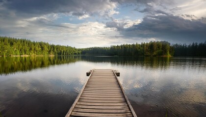 Obraz premium serene wooden dock extending over tranquil lake with forested shoreline and cloudy sky