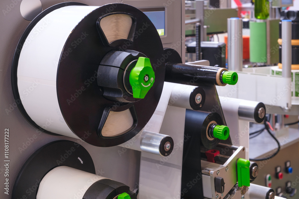 Poster fragment of the conveyor of sticking labeling machine. abstract industrial background.