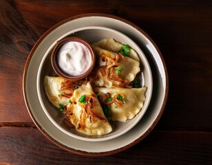 eastern european pierogi dish featuring handmade dumplings with various fillings topped with caramelized onions and a side of sour cream