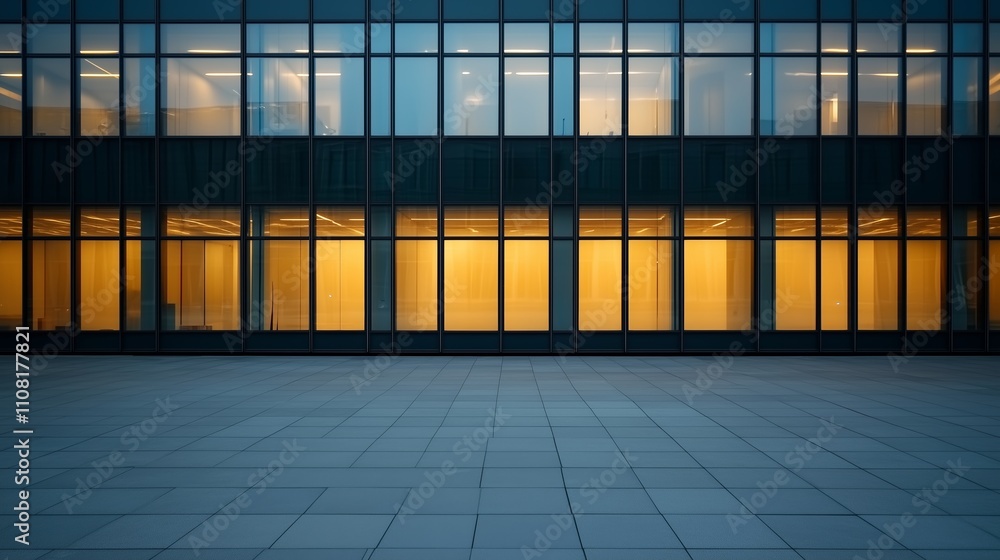 Poster modern architecture with glowing windows in urban setting during twilight hours