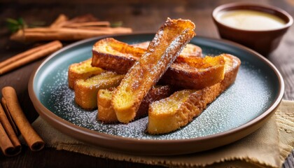 national french toast day cinnamon french toast sticks on a plate dusted with sugar and served with a small bowl of maple syrup for dipping