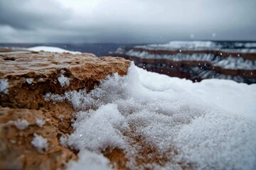An intimate close-up photograph of snow gently resting on a rocky surface at the Grand Canyon, highlighting the details and textures created by the winter elements.