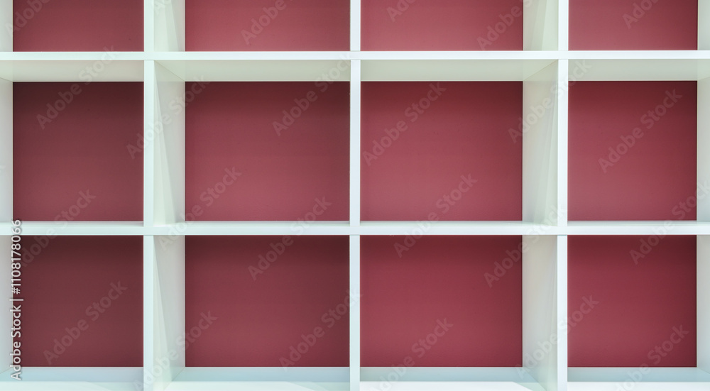 Fototapete a white shelf with a red background. the shelf is empty.