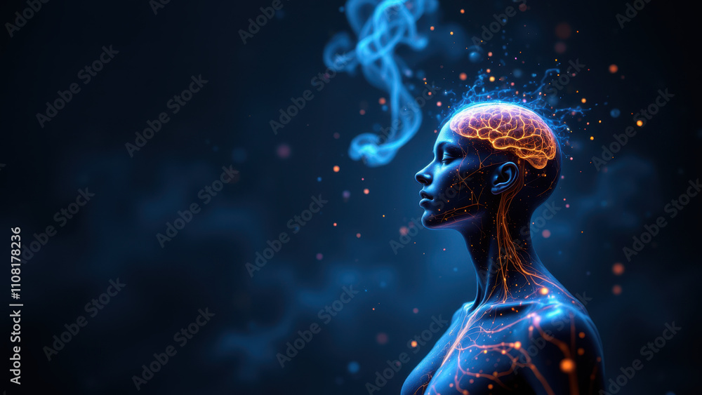 Poster vns - vagus nerve stimulation concept visualized as a stylized humanoid figure with glowing circuits