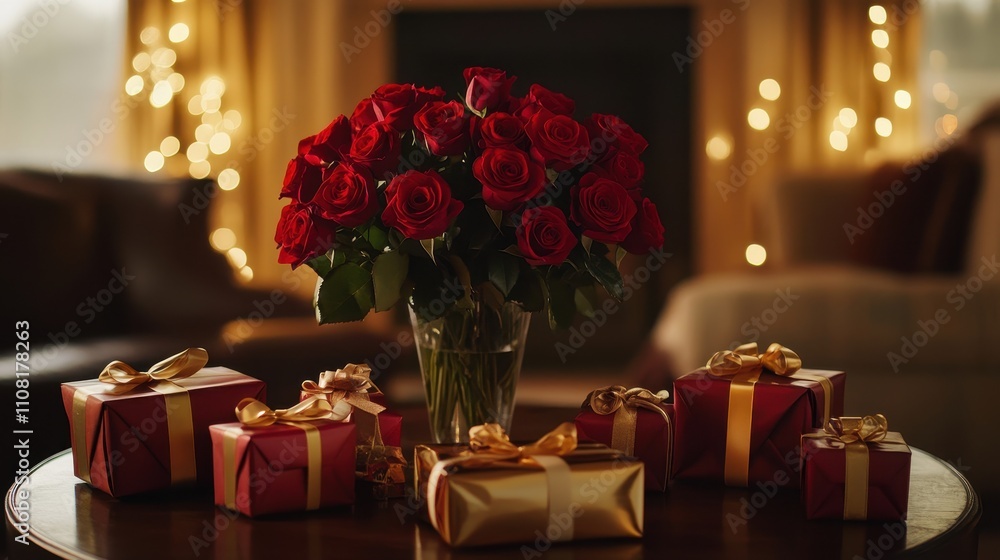 Poster a table with a vase of red roses and several red boxes
