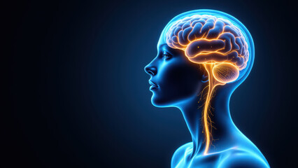 Fototapeta premium A 3D illustration showing a person's head with highlighted brain activity, specifically focusing on the vagus nerve stimulation (VNS).