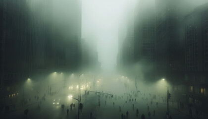 Naklejka premium Foggy city street with blurred lights and silhouettes.