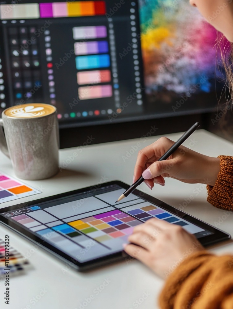 Fototapete digital designer using tablet and digital pen. selecting colors from palette. with computer displayi