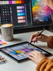 Digital designer using tablet and digital pen. Selecting colors from palette. With computer displaying color charts and image editing software in background