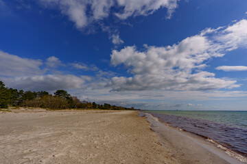 Wide panorama of the open sea, seen from a sandy beach with a forest and sky in the background