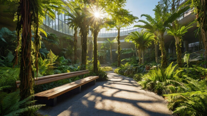 Obraz premium Prehistoric-inspired gardens in modern city decoration. Vegetation in park. Urban jungle. Futuristic cityscape with ancient ecosystems.