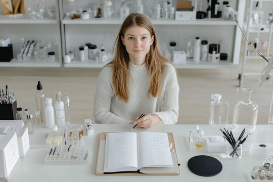 Female chemist creating new cosmetic product in modern laboratory, surrounded by bottles and ingredients, sitting at table with notebook