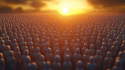 Fototapeta premium Many tiny figures stand together in large group. Golden sunlight highlights entire crowd. Scene implies unity and collective respect. Sun setting. Illustrates inclusive mindset concept.