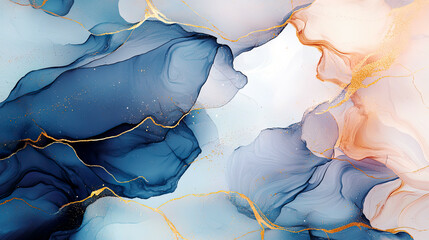 Naklejka premium Organic marbled design with deep blues and vibrant copper tones, fluid patterns accented by delicate gold lines and swirling textures