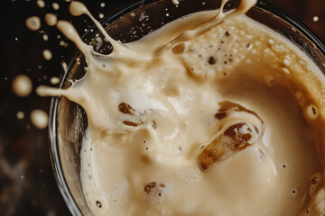 overhead view of irish cream whiskey liqueur cocktail splashing into a glass