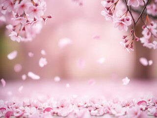Fototapeta premium Beautiful pink sakura petals falling in the background creating a dreamy and romantic atmosphere, sakura, soft focus