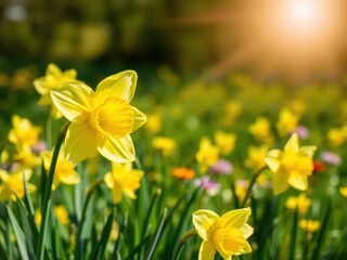 Obraz premium Beautiful yellow daffodil flowers blooming in a vibrant green field under the bright sun, bright, outdoors, floral