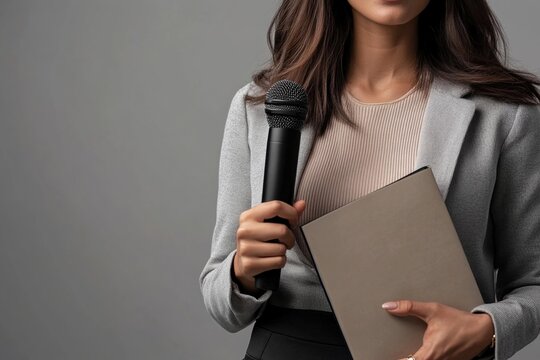 Confident businesswoman giving compelling speech at conference, holding microphone and folder in studio. Professional, elegant, leadership