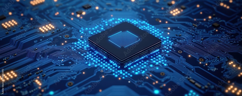 Poster High tech circuit board with glowing AI processor chip. Blue tech background. Modern tech design. Advanced computer chip on complex circuit board. Innovative technology. Digital futuristic concept.