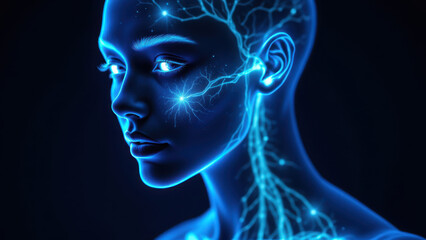 Obraz premium A close-up of a human head with a vivid depiction of nerves and synaptic connections highlighted by blue light.