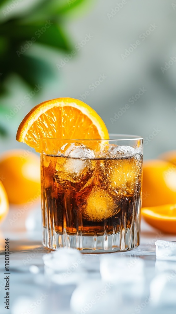 Poster refreshing drink with ice and orange slice on a bright table with fresh oranges in the background