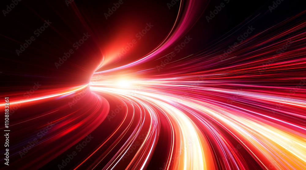 Poster Vibrant light trails creating an abstract motion effect in a dark space during a nighttime setting