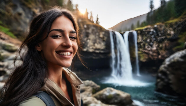 Junge Frau am Wasserfall