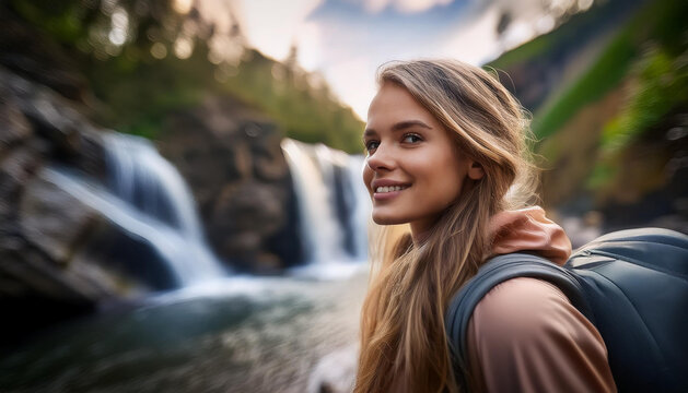 Junge Frau am Wasserfall