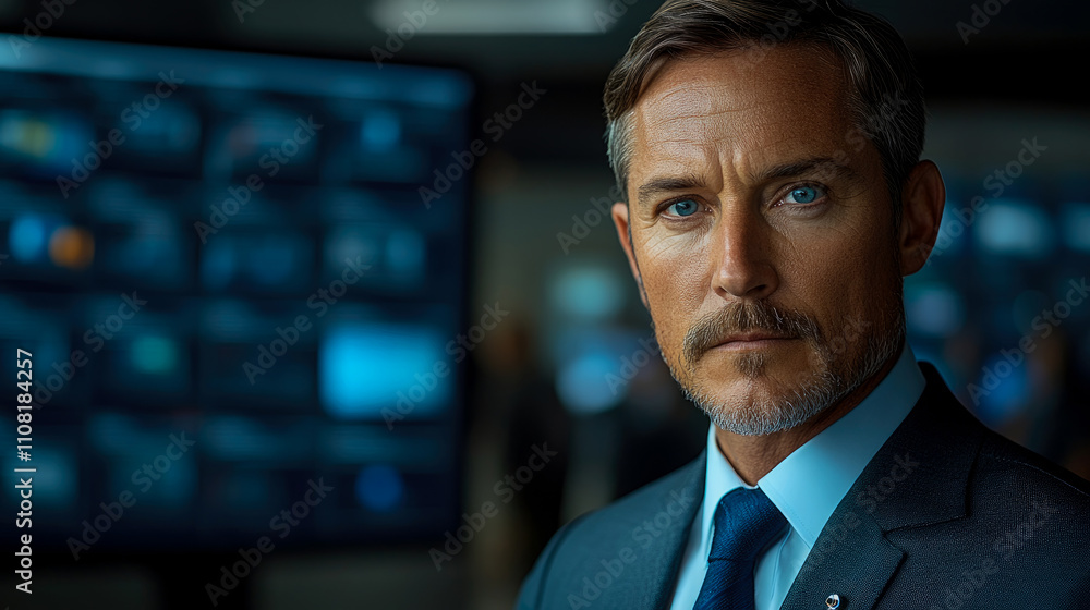 Poster a businessman appears focused and serious in a modern office setting with multiple screens displayin