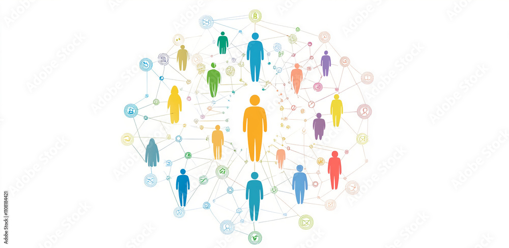 Poster People connected by social networks form a colorful web representing shared interests and collaboration