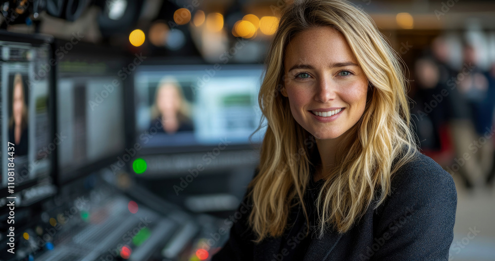Poster female presenter smiles while managing equipment in a broadcast control room during a live productio